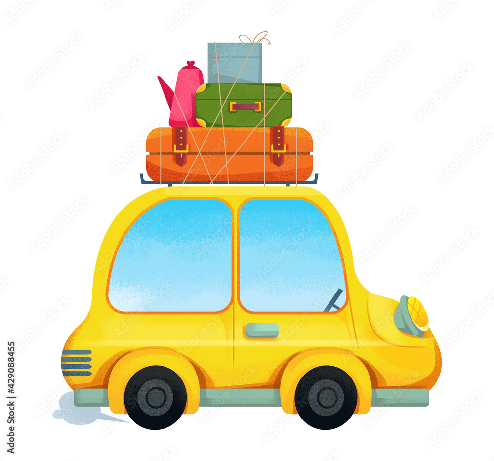 Naklejka premium Yellow cartoon car with suitcases on the roof. Auto character is cute and funny. Print for a baby boy. Illustration isolated on white background clipart