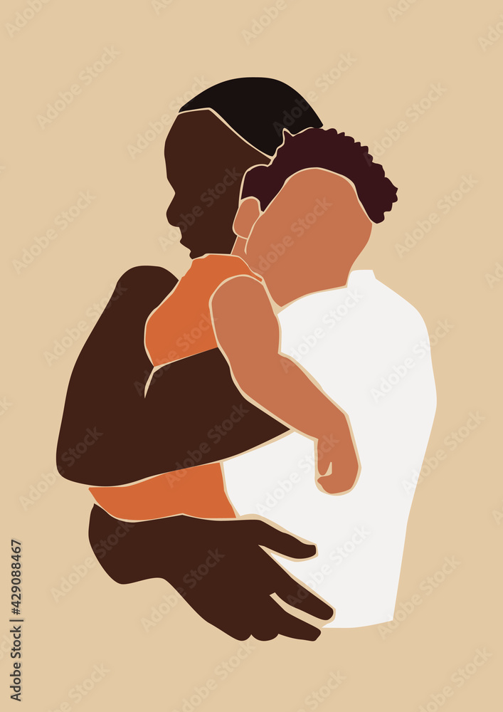 Father hug baby. Cute Afro family portrait on the beige isolated background.