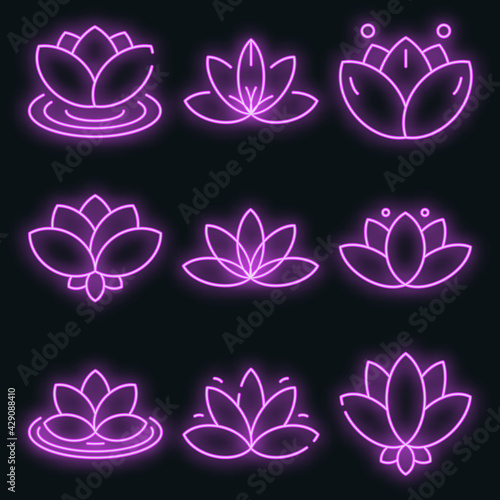 Lotus icons set. Outline set of lotus vector icons neon color on white