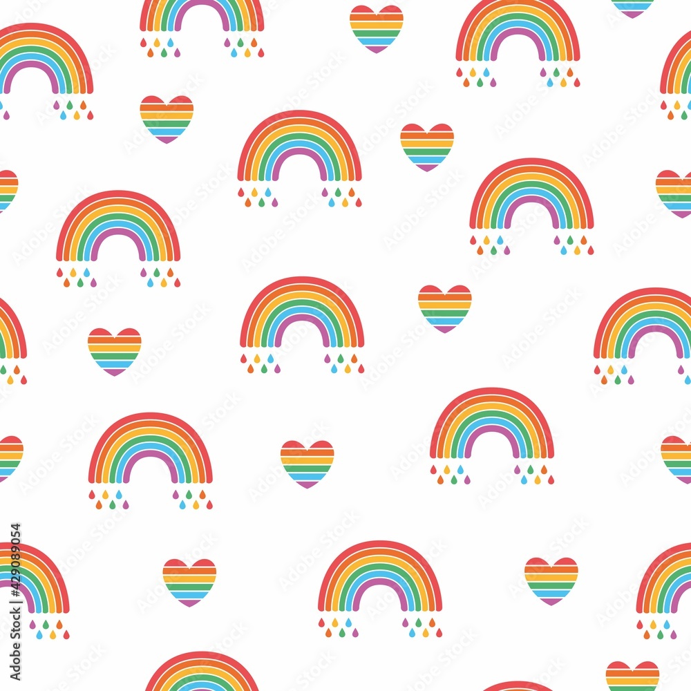 Fototapeta Vector seamless pattern of bright lgbt rainbow flag and heart isolated on white background. Pride