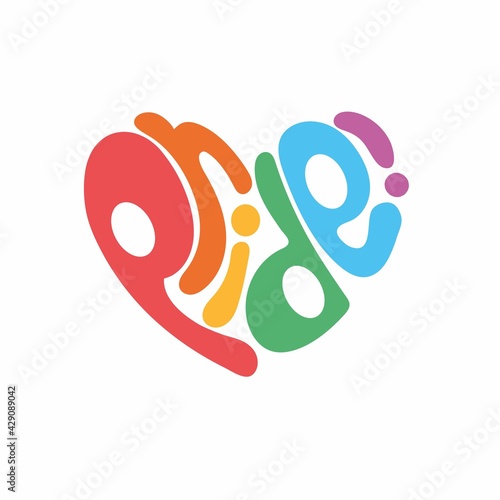 Word Pride in heart Icon. LGBTQ + related symbol in rainbow colors. Gay Pride. Rainbow Community Pride Month. Love, Freedom, Support, Peace Symbol. Flat Vector Design Isolated on White Background
