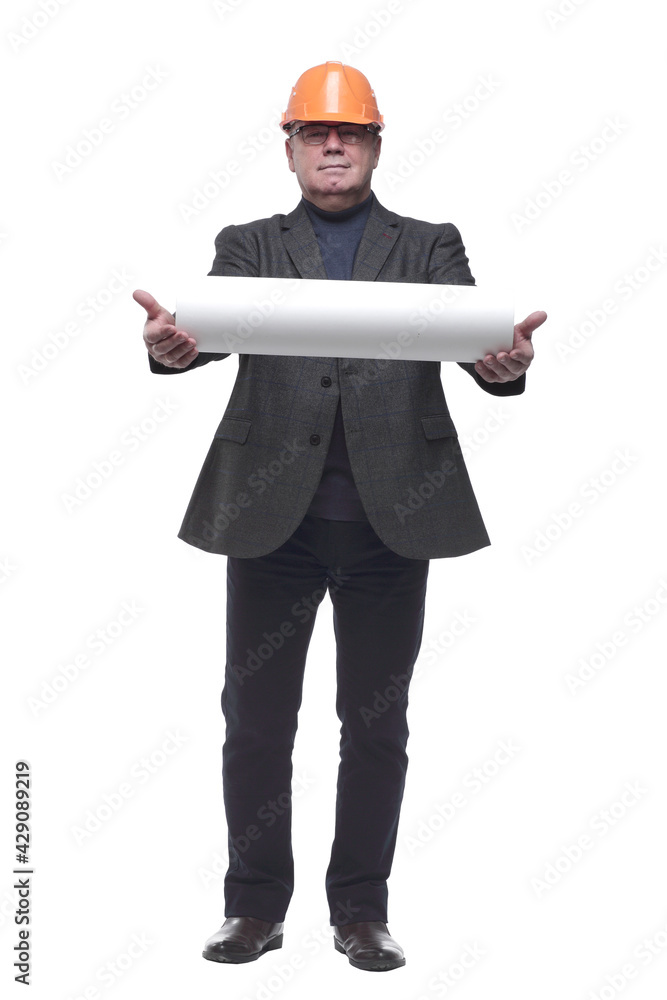 in full growth. architect is a professional showing the finished drawing