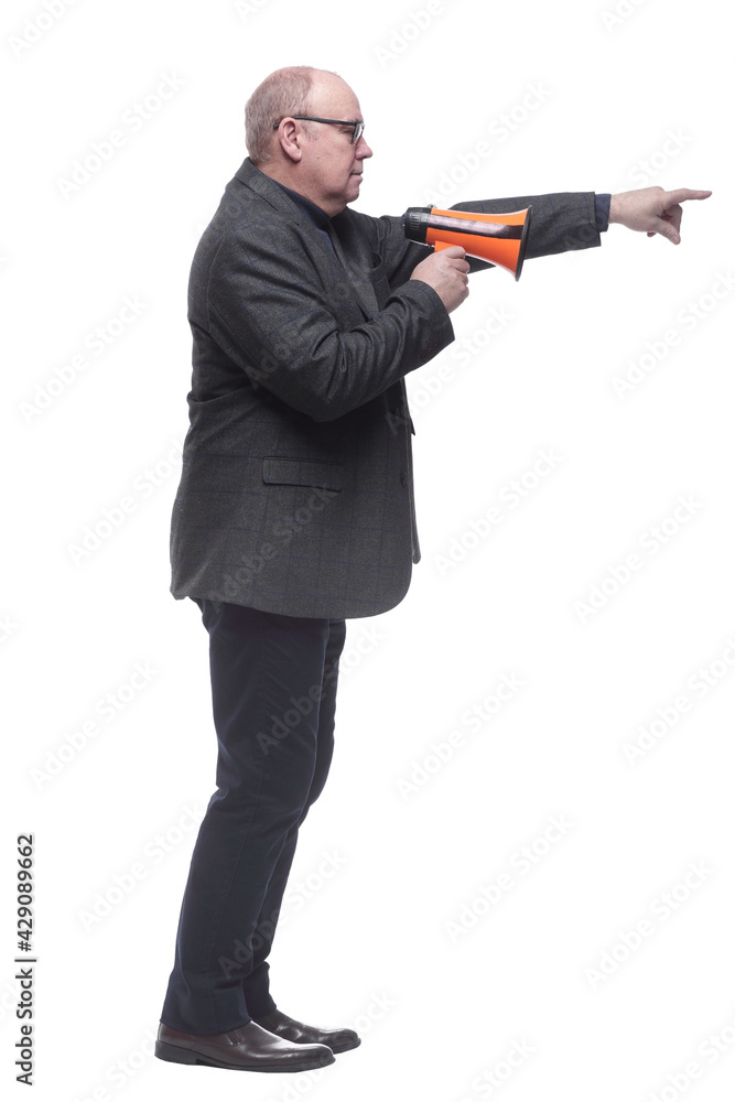 side view. a business man with a megaphone pointing ahead
