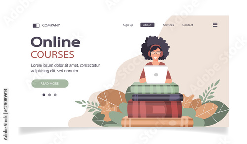 Concept illustration of online courses, distance studying, self education, digital library. E-learning banner. Online education. Vector illustration in flat style
