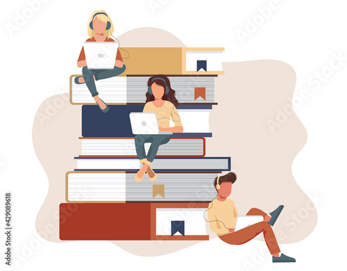 Concept illustration of online courses, distance studying, self education, digital library. E-learning banner. Online education. Vector illustration in flat style
