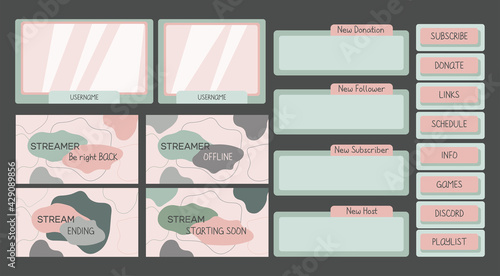 Twitch stream overlay with screen, panel, button elements in green and pink. UI background for online cybersport player background