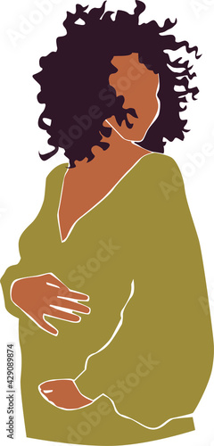 Abstract black pregnant woman in green dress with curly hair on the white isolated background.