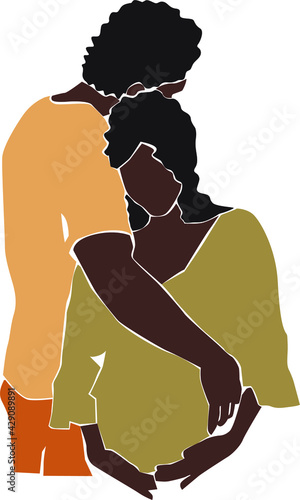 Afro American Black Family Portrait on the white isolated background. Pregnant Black Woman.