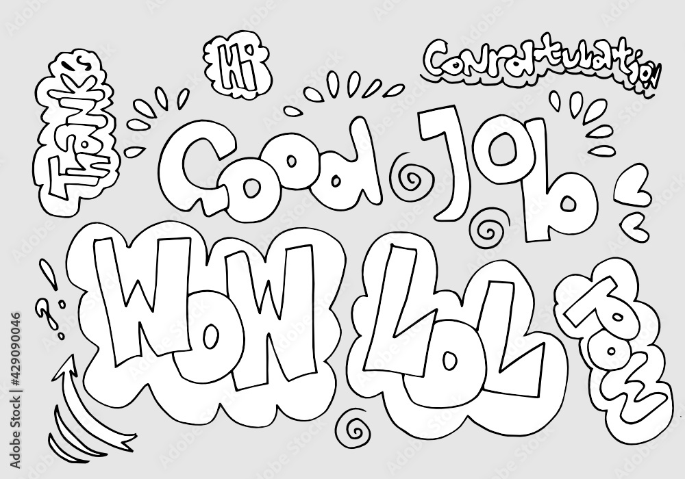 Hand drawn arrows, borders set with handwritten text: good job,wow,lol,pow,hi,thank's,congratulation. Vector icon.