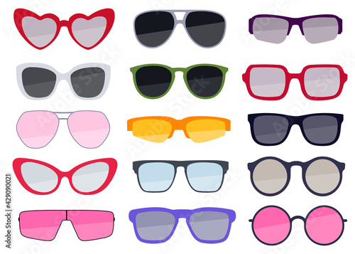 Collection of colorful sunglasses. Trendy eyeglasses set. Summer vacation accessory. Vector design