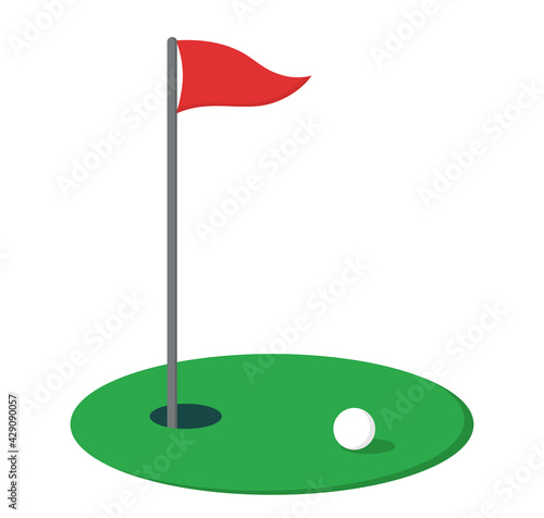 Golf course vector illustration. Red flag, hole and a white ball.