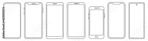 Set of different phone thin line templates. Vector mockup collection. Smartphone frames