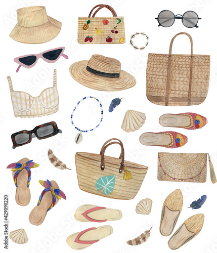 Watercolor Summer time Set with straw hats, straw bags, sunglasses, summer shoes, feathers, bracelet, necklace, shells, top. Fashion set. © Lyudmila