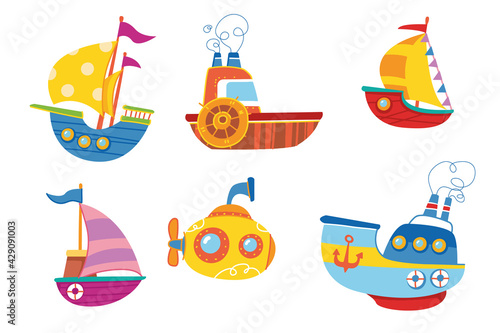 Cute colorful set of vector boats. Ship children s print is bright. For the decor of postcards, clothes, sticker clipart. Baby cartoon transport. Traveling in the summer on a cruise on the water art