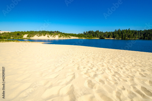 the background of sand desert and a small lake