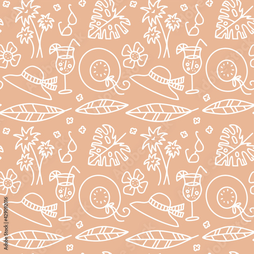 Beige summer seamless pattern. Hat, glasses, drinks, palm levea and branches, Pastel illustrations are suitable for fabric, gift paper, and summer cards. Linear doodle vector illustration.