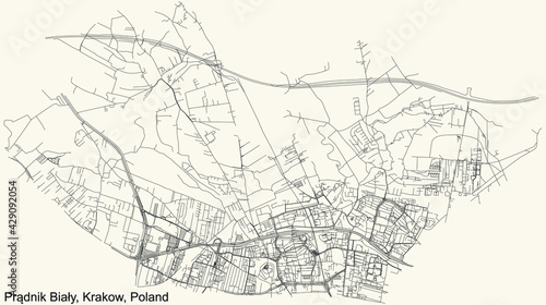 Black simple detailed street roads map on vintage beige background of the quarter Prądnik Biały (White Prądnik) district of Krakow, Poland
