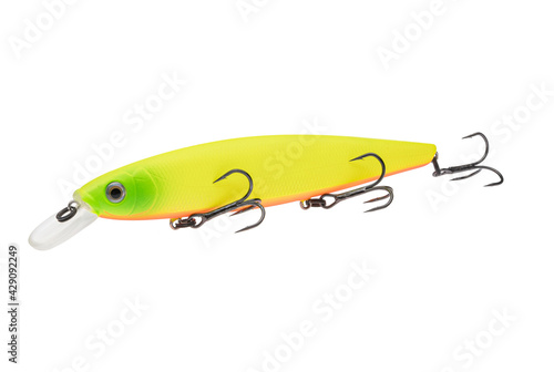 Wobbler with hooks for fishing as bait for fish, which is used for spinning. Fishing tackle for a fisherman.