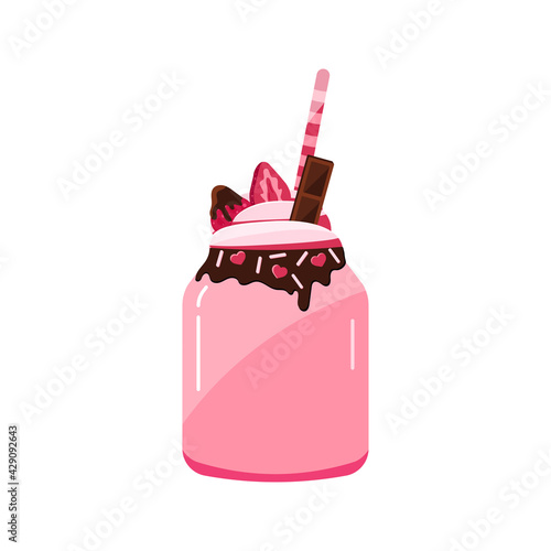 Milkshake in a glass jar isolated on white background. Flat design strawberry and chocolate summer milkshake vector illustration. Sweet summer delicious drink desert.