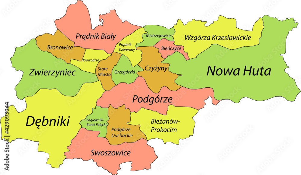 Obraz premium Simple pastel vector map with black borders and names of districts of Krakow, Poland