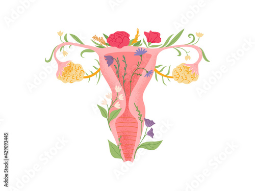 Female reproductive system vector cute illustration with flowers. Woman womb and vagina concept abstract style. 