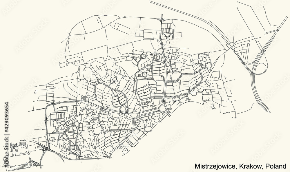 Black simple detailed street roads map on vintage beige background of the quarter Mistrzejowice district of Krakow, Poland