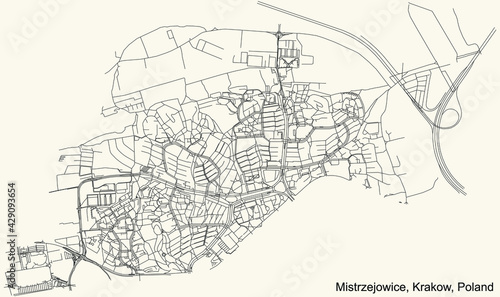 Black simple detailed street roads map on vintage beige background of the quarter Mistrzejowice district of Krakow, Poland