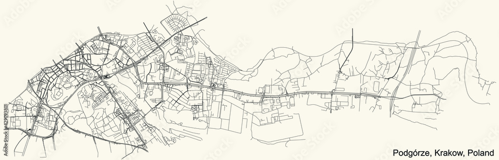 Black simple detailed street roads map on vintage beige background of the quarter Podgórze district of Krakow, Poland