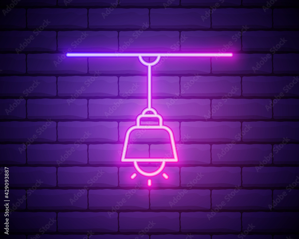 Glowing neon line Chandelier icon isolated on brick wall background. Vector Illustration