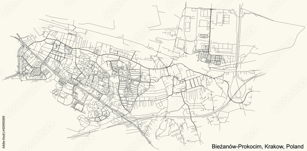 Black simple detailed street roads map on vintage beige background of the quarter Bieżanów-Prokocim district of Krakow, Poland