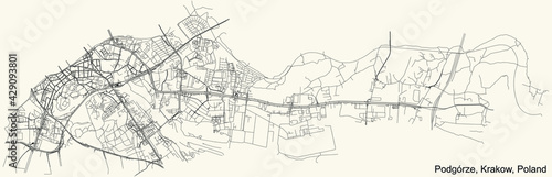 Black simple detailed street roads map on vintage beige background of the quarter Podgórze district of Krakow, Poland