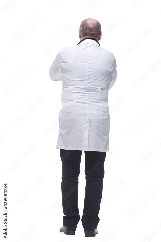 rear view. doctor-therapist reading an ad on a white screen. rear view. doctor-therapist reading an ad on a white screen.