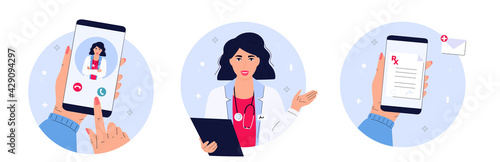 The patient makes a video call to the doctor on the smartphone. Woman medical worker with a stethoscope holds clipboard. Remote appointment. Telemedicine concept. Prescription online