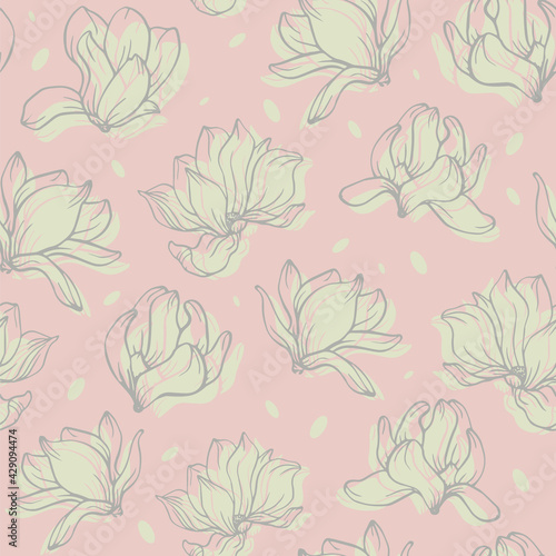 Magnolia Seamless Pattern. Vintage line art. Modern trendy graphic design template for poster, card, banner, cover, textile, fabric, wrapping.
