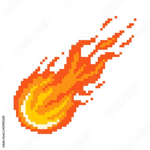Falling fiery pixel comet. Flaming asteroid rushing towards planet burning fire with glowing yellow core red flame after powerful explosion with vector sparks.