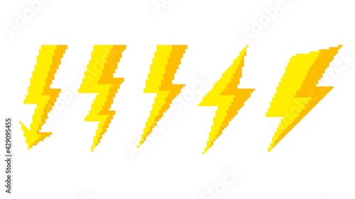 Thunderstorm pixel discharges. Lightning electrical flashes with geometric curves high voltage hazard and powerful vector.