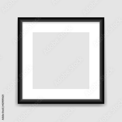 Square black photo frame template. Empty vertical banner with advertising gray center realistic design for picture and promotional vector image.