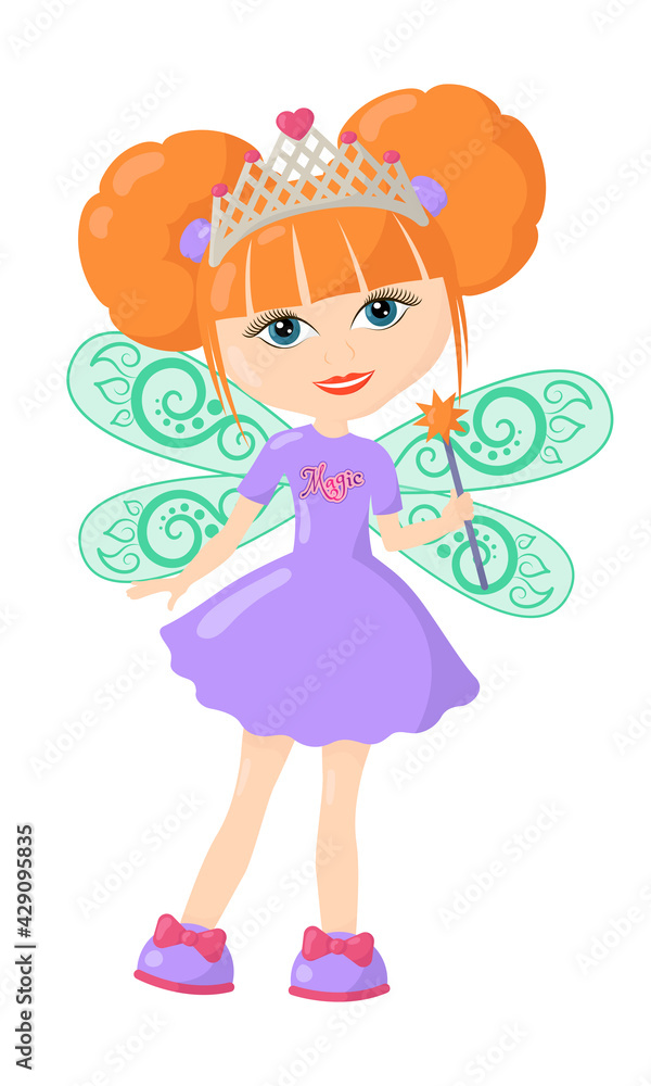 Funny cute little fairy girl Polina with crown, wings, magic wand and purple dress. Colored isolated vector illustration in flat design with shadows Funny cute little fairy girl Polina with crown, wings, magic wand and purple dress. Colored isolated vector illustration in flat design with shadows