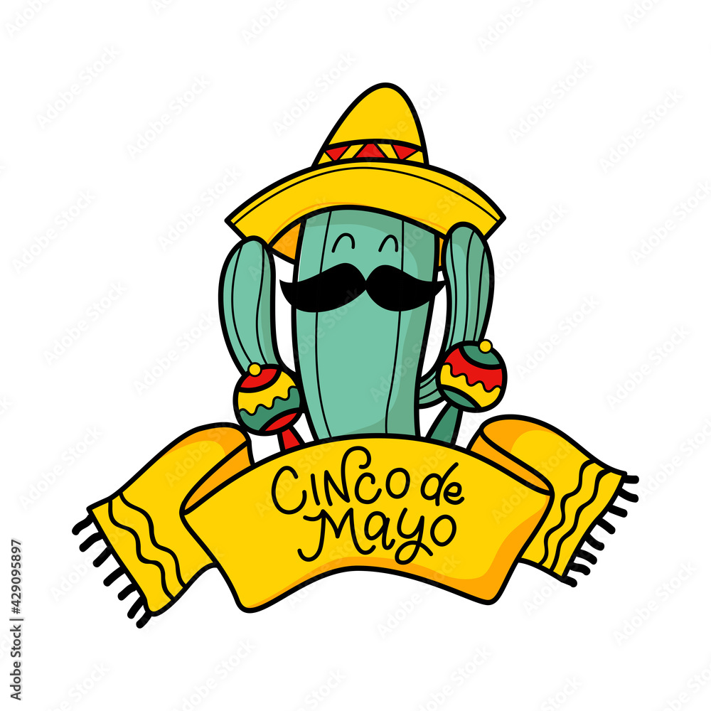 Cinco de Mayo - May 5, federal Mexico holiday. Cinco de mayo. Hand drawn cactus in a hat with moroccas and the inscription. Fiesta. Mexico
