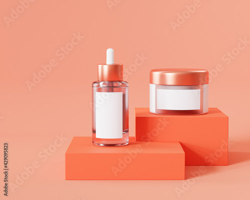 Mockup bottle and jar for cosmetics products, template or advertising, orange background, 3d illustration render © Frostroomhead