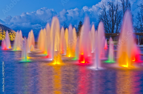 Night view at fountain in Queen Elizabeth park over mountain and cloudy sky in Vancouver  Canada.