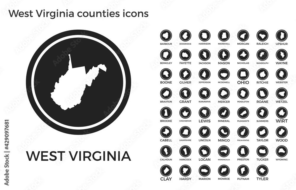 West Virginia counties icons. Black round logos with us state counties