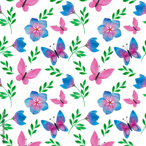 Watercolor Seamless Pattern with Blooming Flowers and Flying Butterflies . Beauty in Nature. Background for Fabric, Textile, Print and Invitation.