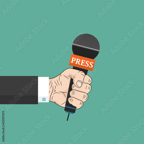 Microphone in the hand of a man. Press or news interview. Vector illustration.