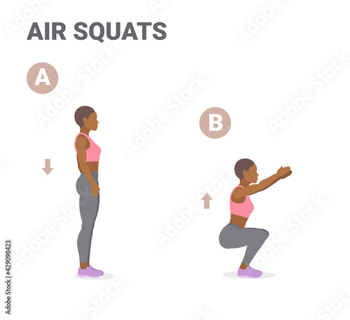 Afro-American Girl doing Air Squats Exercise Home Workout Guidance. Squatting Young Black Woman.