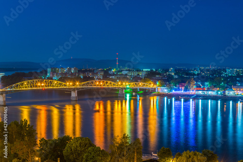 Aerial view of the Slovakian city Sturovo with the Maria Valeria bridge connecting Slovakia with Hungary photo