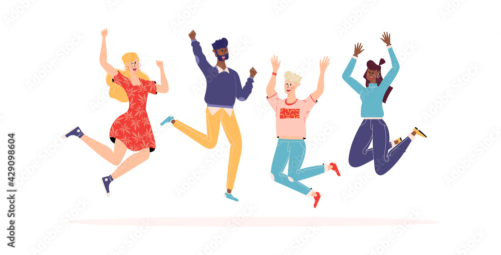 Happy people jumping set. Diverse group of joyful people with raised hands jumping together. Positive and laughing men and women. Young funny teens guys and girls jumping together. Flat illustration