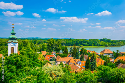 Aerial view of szentendre town in hungary with danube river on background.