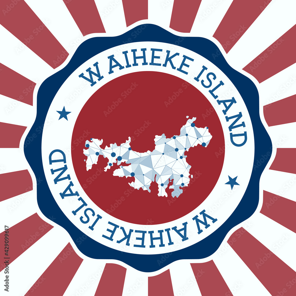 Waiheke Island Badge. Round logo of island with triangular mesh map and radial rays. EPS10 Vector. Waiheke Island Badge. Round logo of island with triangular mesh map and radial rays. EPS10 Vector.