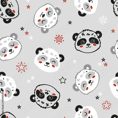 Cute Panda Bears and Stars Seamless Pattern. Childish Background with Little Black and White Chinese or Bamboo Bear Heads. Vector Baby Animals Drawing for Tee Print for Kids